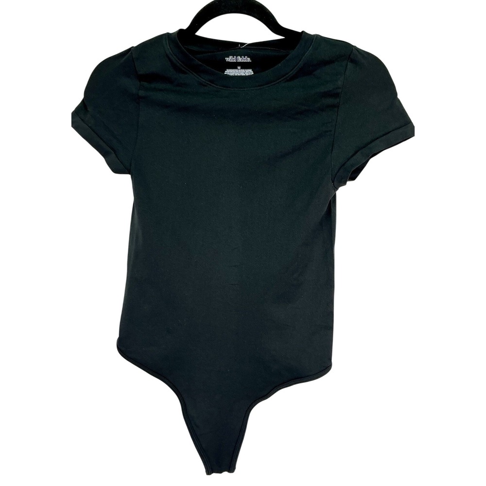 Wild Fable Women Black Short Sleeve Crew Neck Thong Bodysuit Size M